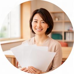 明るい相談室で資産形成の資料を手にするWatanabe 財産代表者のポートレート